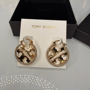 Tory Burch Gold Logo Hoop Earrings with Crystal Pavé